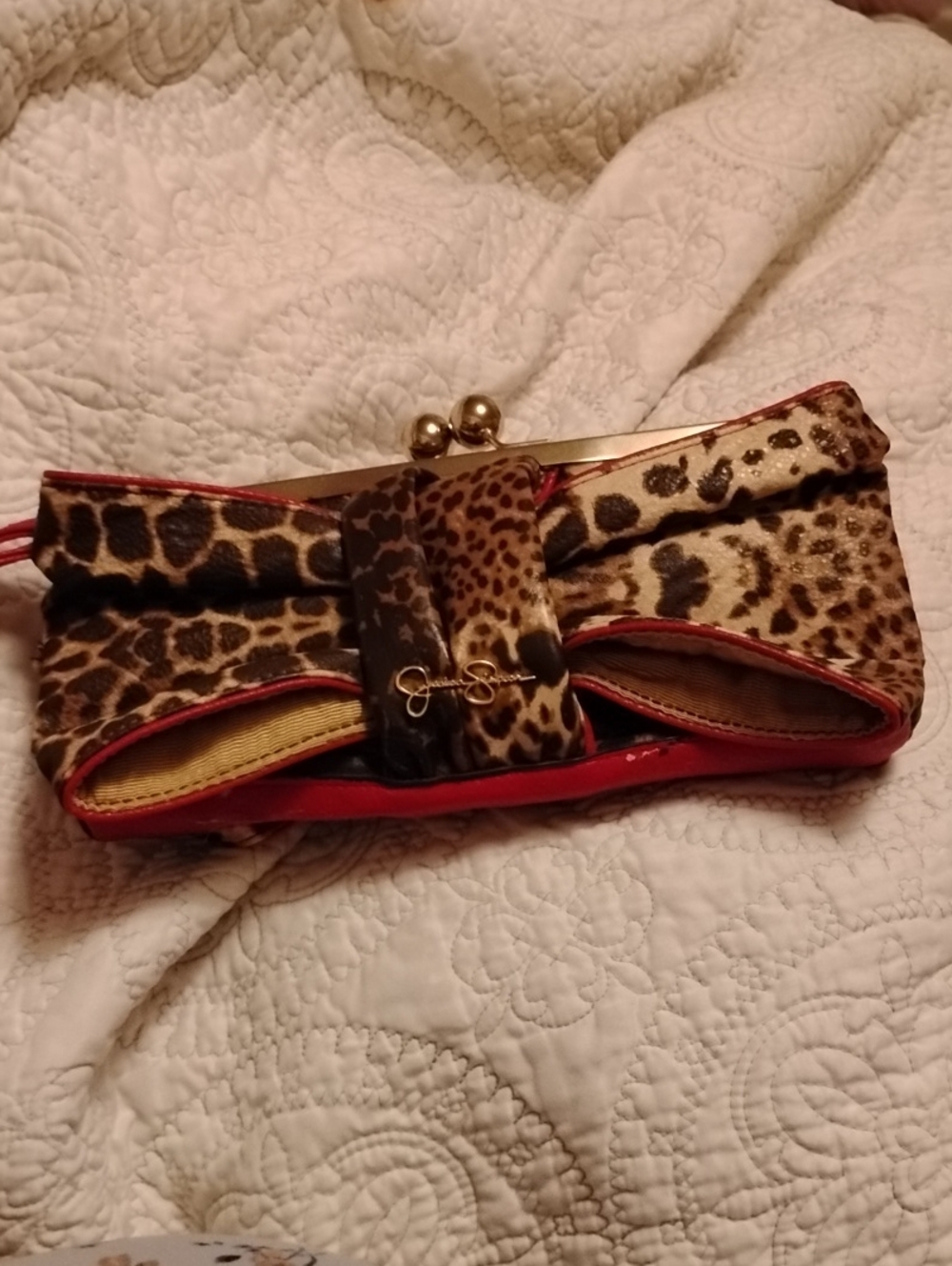 Jessica Simpson Leopard Print Clutch with Red Trim and Red Strap